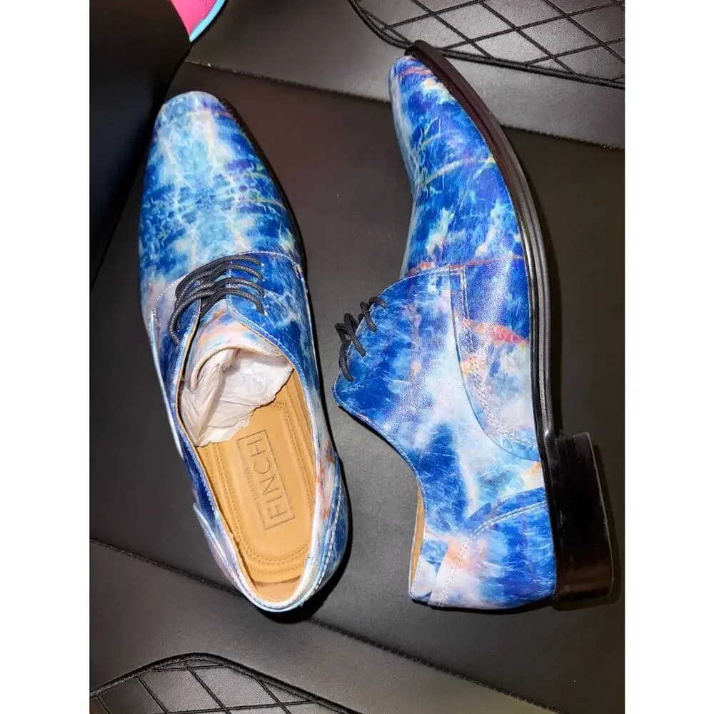 Thatcher Finch Mens 7 Blue Marbled Patterned Leather Derby Dress Shoes New indie